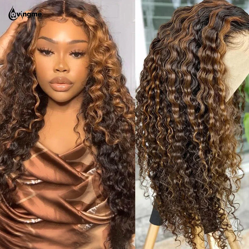 

30 inch 4/27 13x4 Lace Front Human Hair Wig Deep Wave Curly Highlight Ombre Color Remy Hair Lace Frontal Wig For Black Women