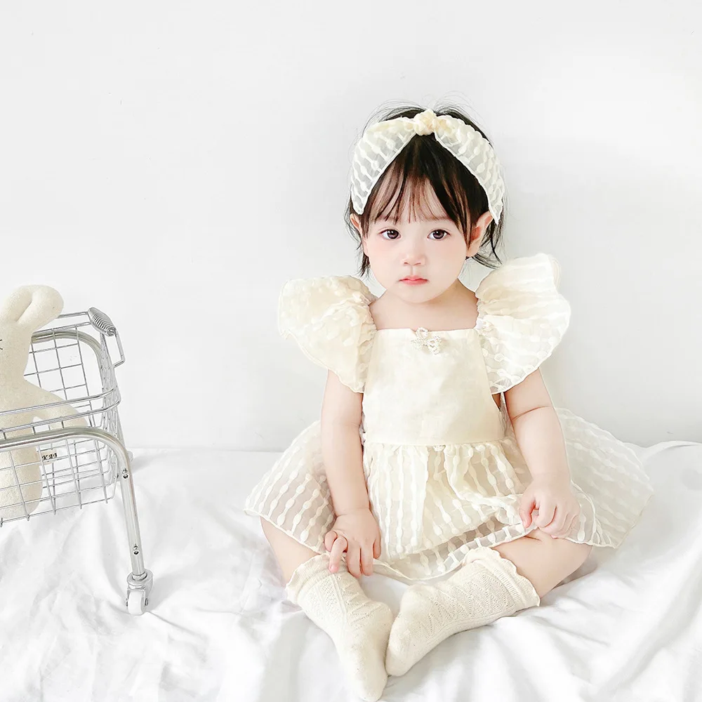 

2022 summer new Korean version baby girl baby sister dress flying sleeve princess dress romper send hairband