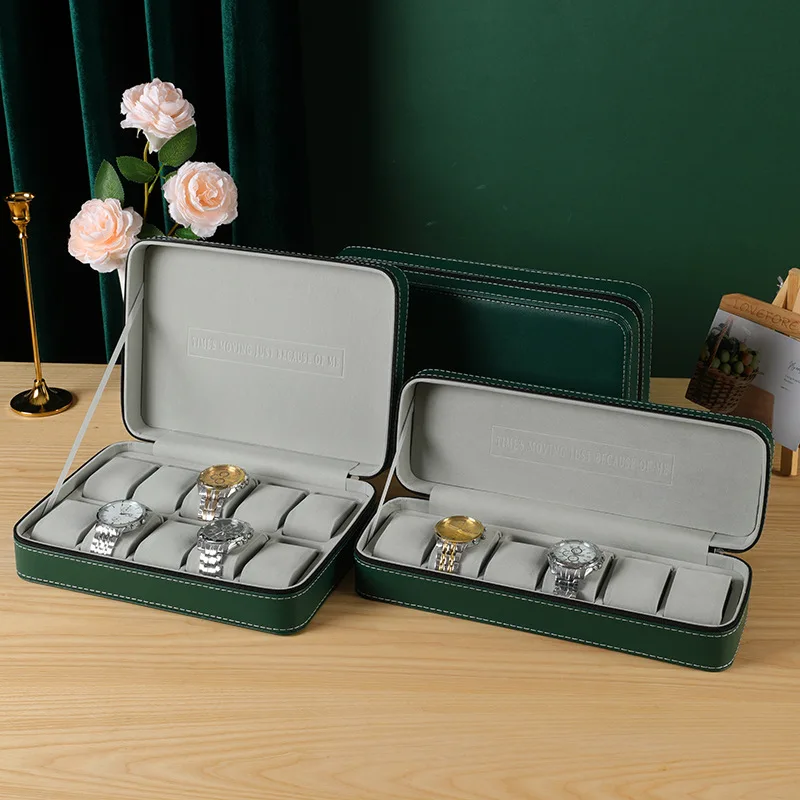 

GREEN 6/10/12 Slots PU Leather Portable Zipper Watch Case Watch Traval Case Box Organizer Multi-Functional Bracelet Display Box
