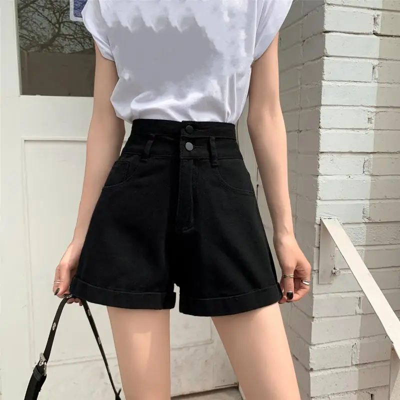

2022 summer new fashion High waist Buttons denim shorts female Korean Loose women’s Jeans Leisure Wide leg hot Shorts