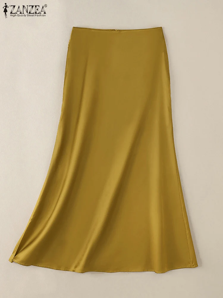 ZANZEA 2024 Elegant Women High Waist Satin Mid-calf Skirts Autumn Fashion Solid Party Office Faldas Saia Casual OL Work Skirt