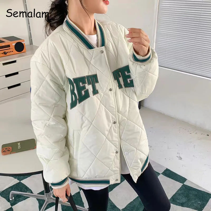 Women Letter Print Cotton Parkas 2022 Winter Fashion  Baseball Coats White Black Casual Argyle Outerwear Y2K Patchwork Jacket