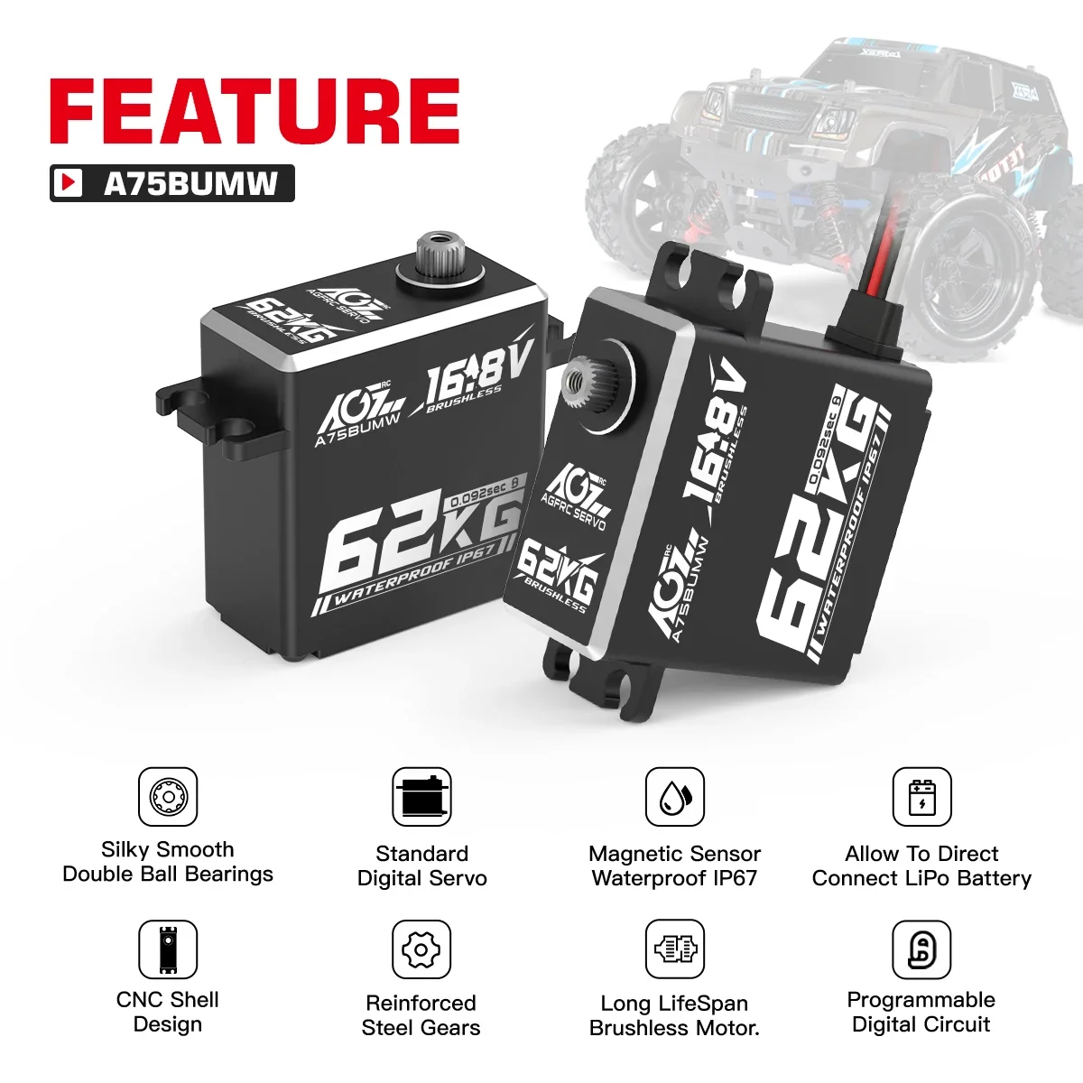 Фото DroMaAGFRC 62KG Super Torque A75BUMW 4S 16.8V HV программируемый водонепроницаемый бесщеточный сервопривод для радиоуправляемых автомобилей 1/8 и 1/10, краулеров и багги. №5