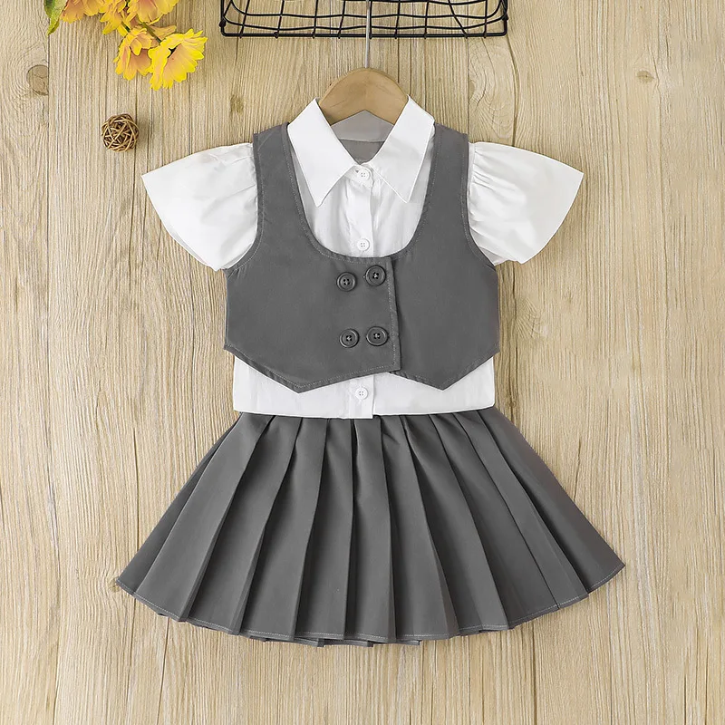 

2022 New Summer Clothes Sets Short Sleeve Double Button Gray Cute 3 Piece Sets Designer Girls Clothes Sets 4-7T