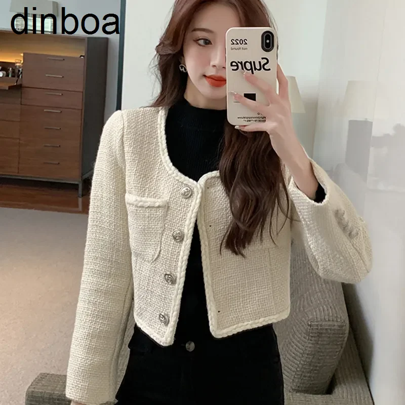 

Dinboa-new Fashion Fall Winter Womens Long Sleeve Spliced Metal Button Pockets Short Jacket Tweed Casual Woven Lace Rose Redcoat
