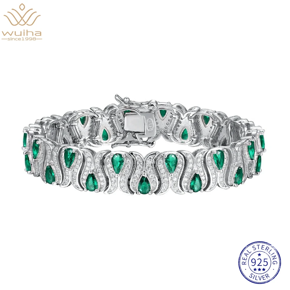 WUIHA-pulsera de plata esterlina 925 auténtica para mujer, brazalete con abalorios de diamantes de alto carbono, pera, Esmeralda, rubí, zafiro negro, regalo, envío directo