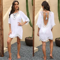 the summer of 2022 womens fashion sexy backless 5 minutes of sleeve hand hook splicing irregular beach tassel smock