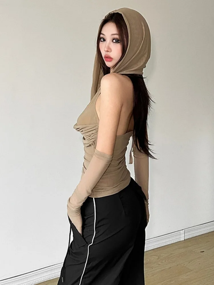 Сетчатый топ с капюшоном Y2k