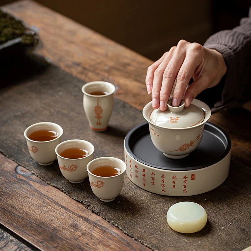

Plant Ash Color Ceramic Tea Set Kung Fu Tea Porcelain Teaware Gaiwan Cup Teapot Trays Tea Ceremony