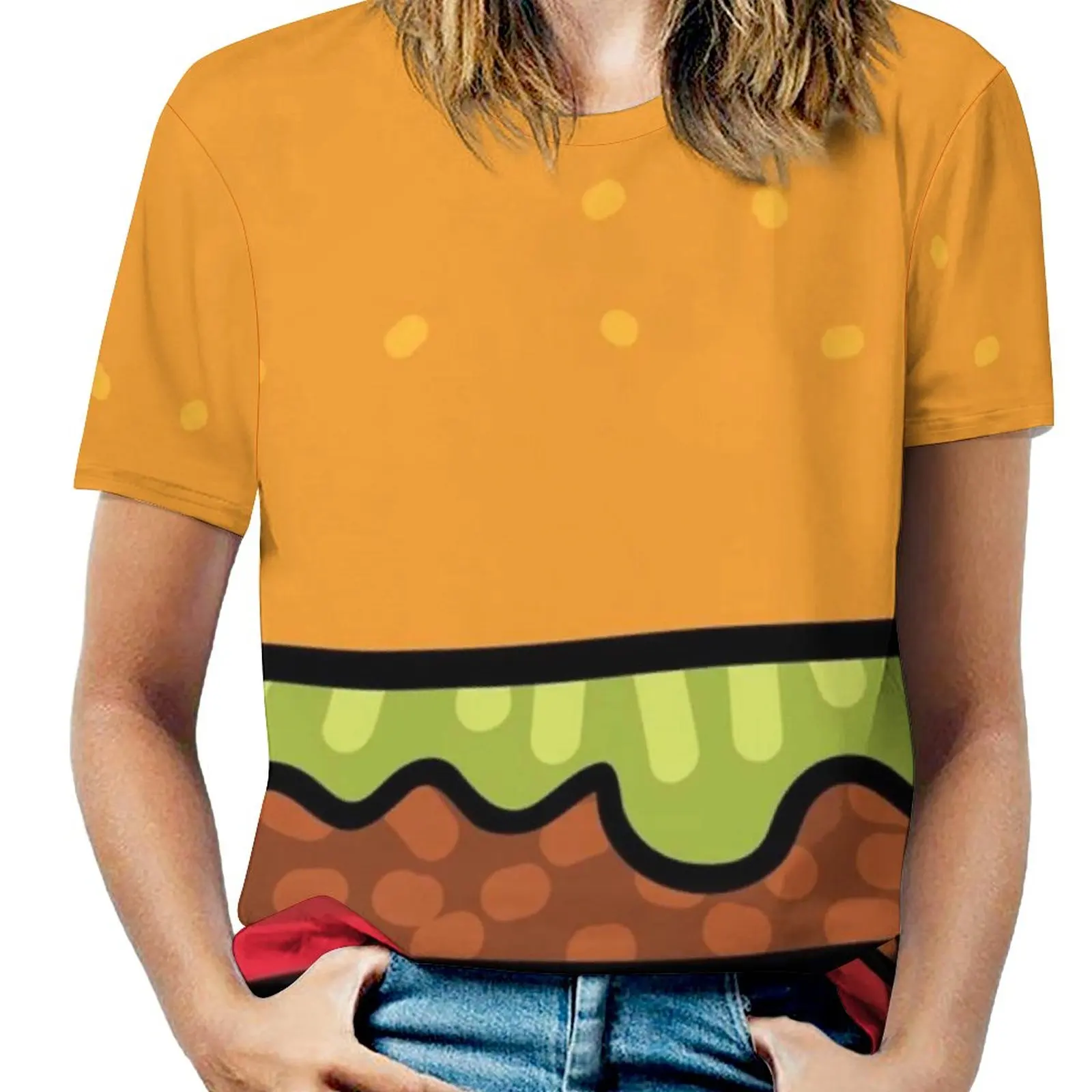 

Симпатичный гамбургер. Гамбургер фаст-фуд. Женская футболка с коротким рукавом, круглым вырезом и принтом