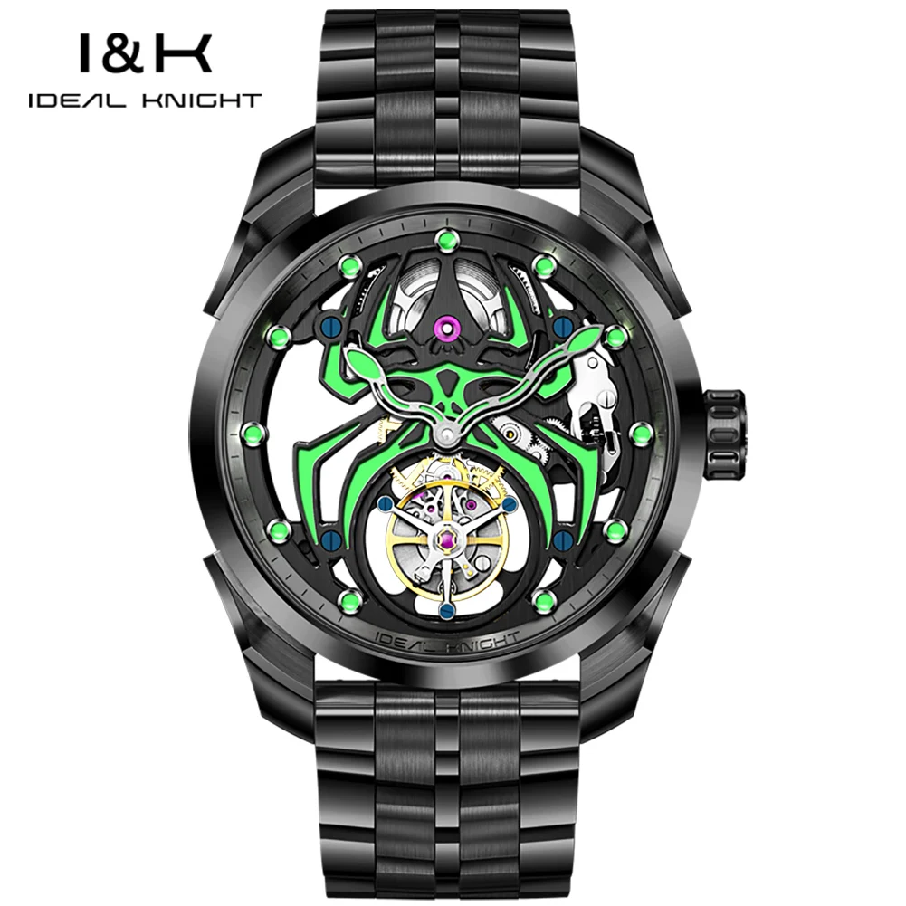 Фото IDEAL KNIGHT 6802, автоматические часы с турбийоном, мужские модные часы со светящимся пауком, механические часы с кожаным ремешком из нержавеющей стали №1