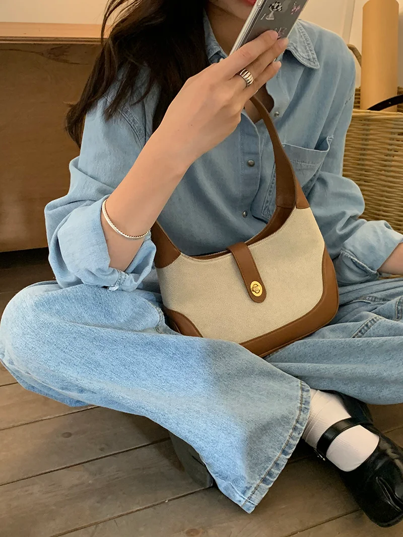 French Elegant Ladies Hobo HandBag Summer Women Pu +canvas Stitching Underarm Bag Fashion Armpit Bag for Female 2022 New