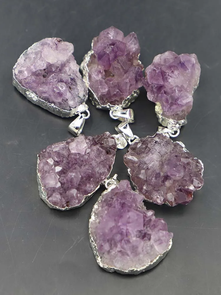 Natural Irregular Amethyst Silver Edge Necklace Pendant DIY Reiki Charm Jewelry Gift Accessories Wholesale 6Pc/Lot Free Shipping