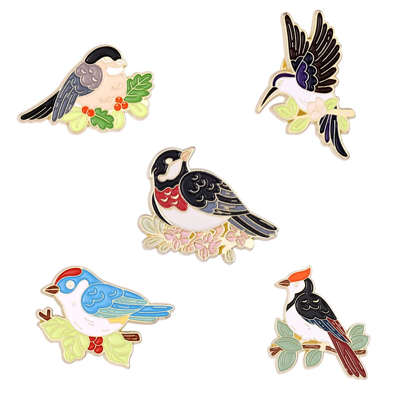 

Sparrow Flower Enamel Pin Bird Brooch Hummingbird Animal Badge Lovely Woodpecker Jewelry Women Lapel Hat Sweater Accessories