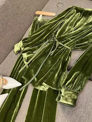 Neploe Элегантные топы с v-образным вырезом на шнуровке в гонконгском стиле Бархатные офисные брюки с небольшим ароматом Широкие брюки Изысканные костюмы Брюки