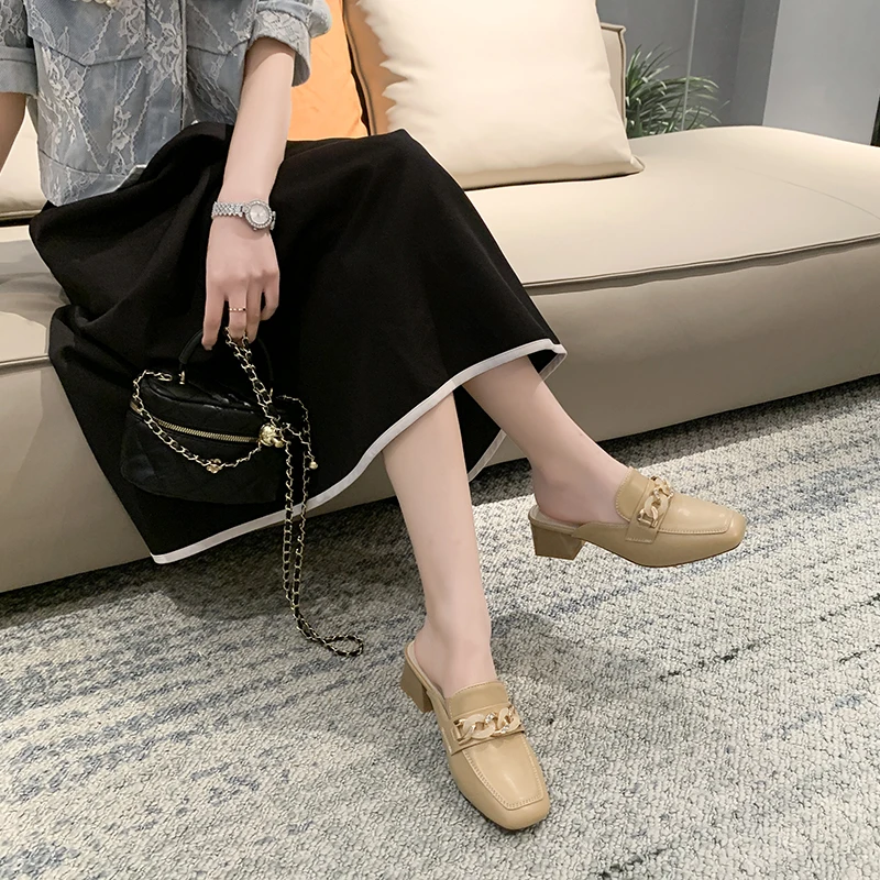 A7 Summer New Square Head Chain Slippers Women's Fashion Solid Color Temperament Net Red Comfortable High Heel Shoes Women