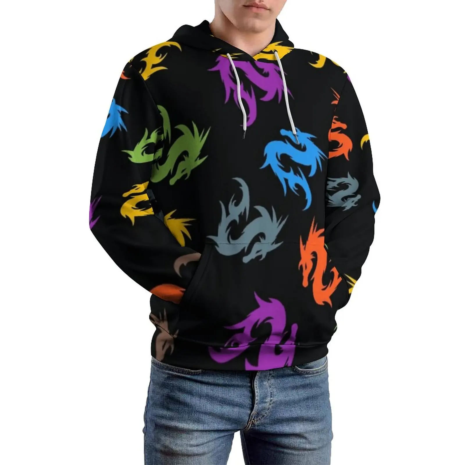 

Colorful Chinese Dragon Loose Hoodies Dragons Art Print Casual Pullover Hoodie Long Sleeve Harajuku Graphic Hooded Sweatshirts