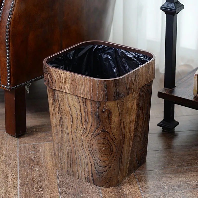 

Retro Faux Wood Trash Can Household Creative Living Room Kitchen Toilet Basket Plastic Tape Pressure Ring without Lid Large Size