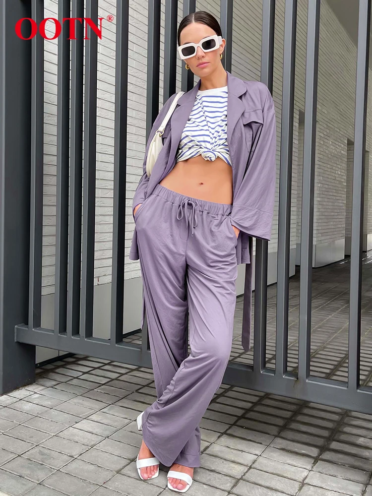 

OOTN Office Pant Sets Notched Collar Shirt Elastic Waist Trousers Two Piece Sets 2022 High Waist Pants Suits Fall Outfits Women