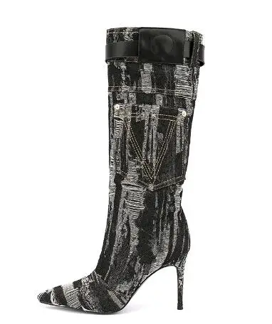 

Женские джинсовые сапоги до колена, черные, синие джинсовые сапоги с острым носком, с карманами и пряжкой на высоком каблуке-шпильке, зимние длинные сапоги В рыцарском стиле