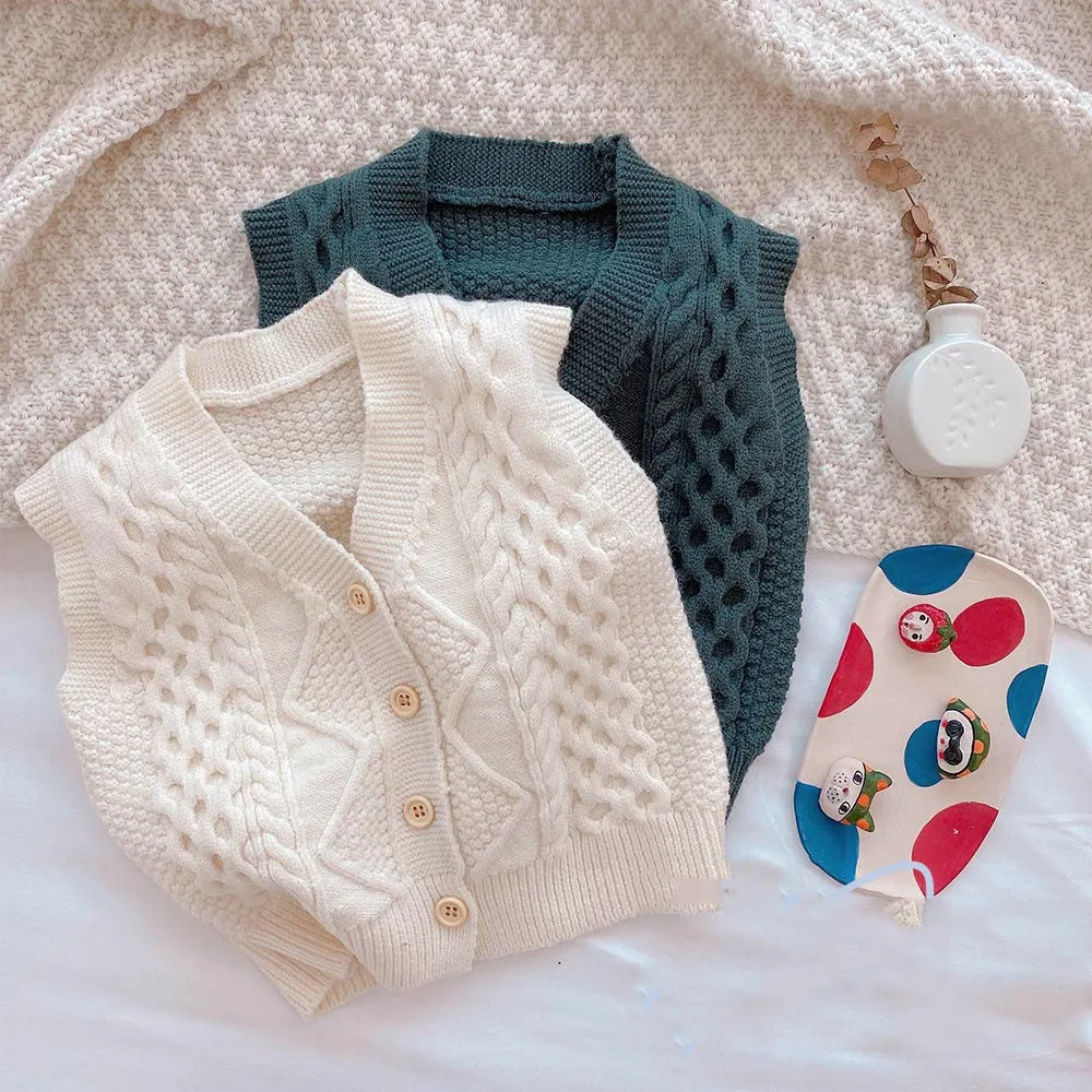 

2022 Autumn All-match Sweater Waistcoat Baby Thin Soft Solid Single-breasted Vest Diamond Stripes Knitting Sleeveless Coat