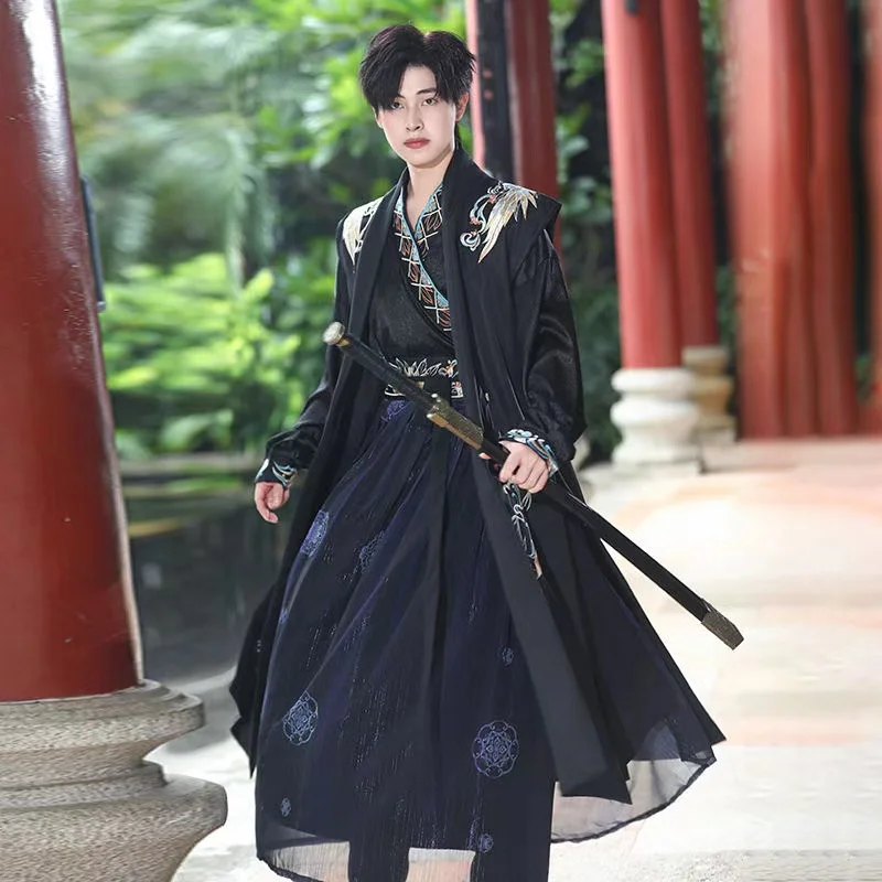 Черное темно-осенне-зимнее мужское платье ханьфу с вышивкой традиционный