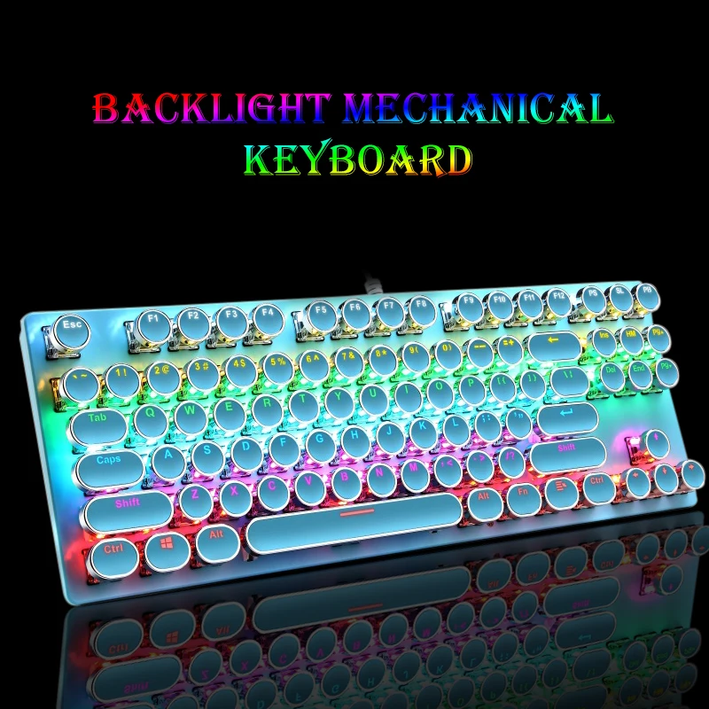 

Механическая клавиатура в стиле ретро, проводная USB клавиатура с синим переключателем, 87 клавиш, RGB подсветка, круглая клавиатура для ПК, ноу...