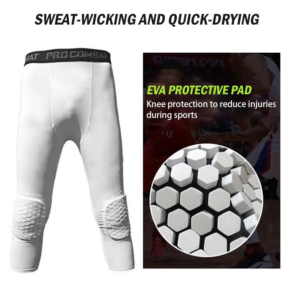 Men's Honeycomb Knee Pads Running Anti-collision Tight Safety Pants Basketball Training 3/4 Leggings Sports Compression Pants