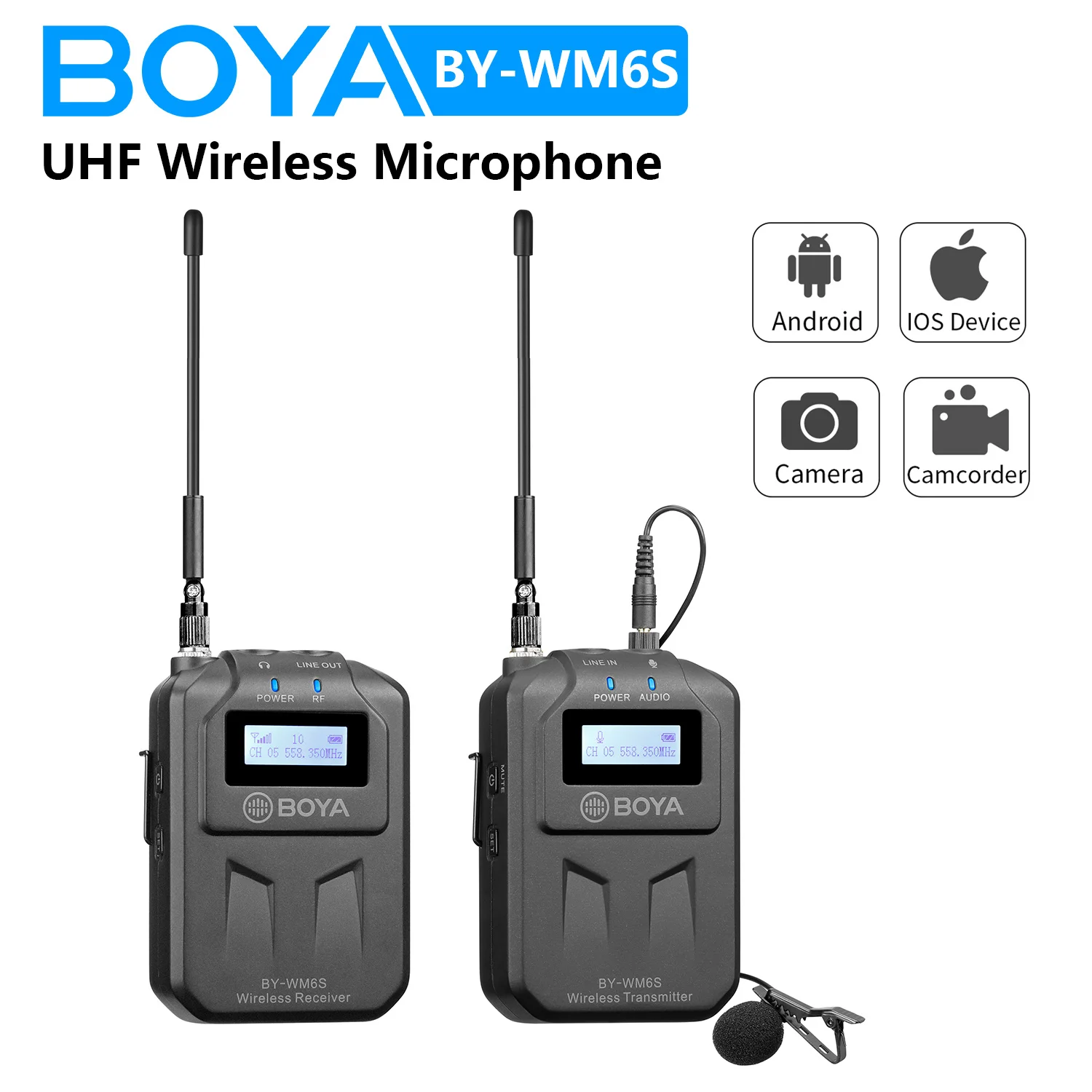 Конденсаторный беспроводной петличный микрофон BOYA BY-WM6S UHF для смартфонов, планшетов, цифровых зеркальных фотоаппаратов, видеокамер, аудиорегистраторов