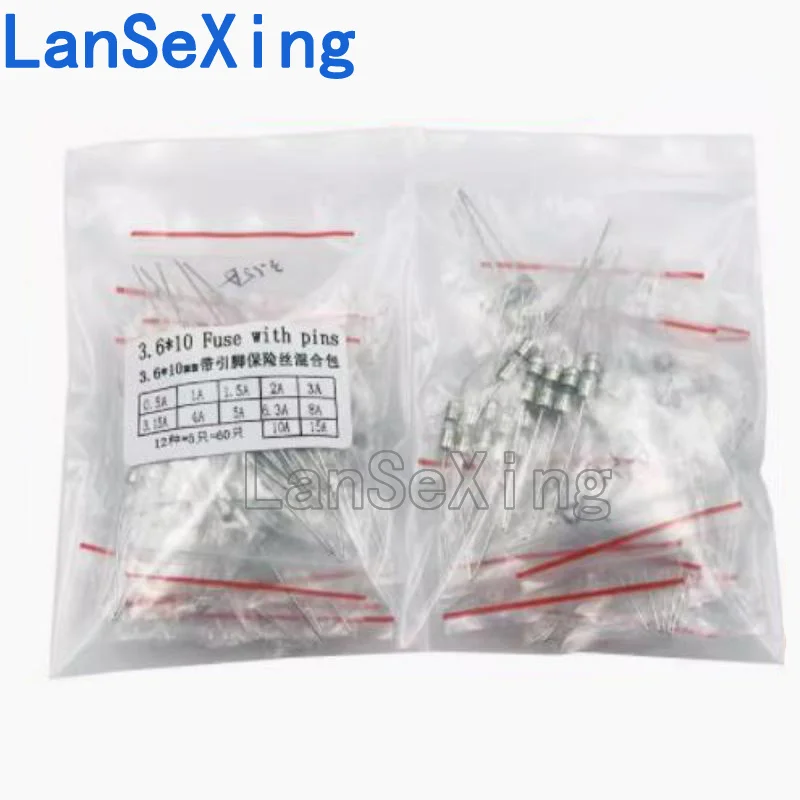 

3.6x10mm glass safety tube package with pins, slow break T0.1A-15A, 250V, 12 commonly used types, a total of 60 pieces