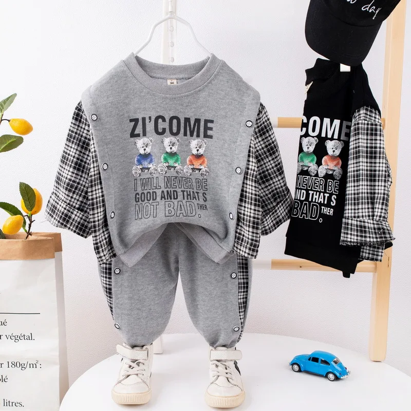 

Baby Boys Girls Clothes Sets Children Infant Fashion Cartoon Plaid Splicing Outfits New Spring Autumn Toddler Sweatshirt+Pants