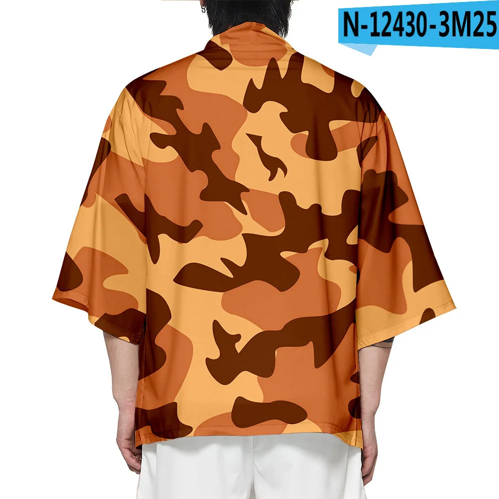 Men Print Camouflage Pattern Kimono Robe Summer Casual Loose Shirts Cardigan Home Bathrobe Chinese Style Large Size Coat