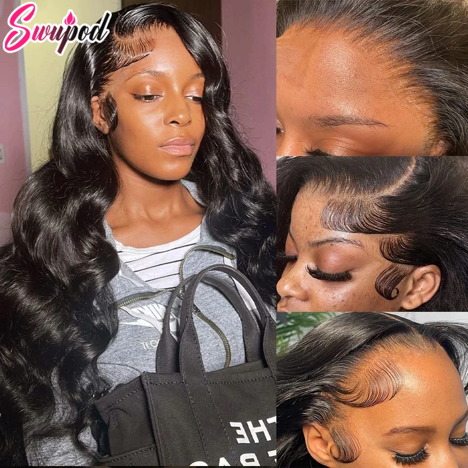Фото 360 Полный кружевной парик 250% 13x6 HD Lace Frontal Wig 13x4 Frant Silky Body Wave Curly Remy Human Hair Темно-черный Бесклеевой Предварительно выщипанный №4