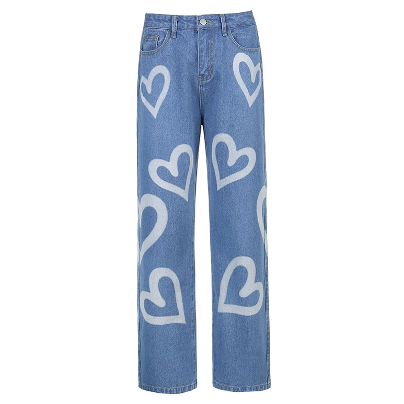 Women 90s Korean New Blue Indie Heart Printed Mom Jeans Harajuku Baggy High Waist Y2K Straight Denim Joggers Streetwear Trousers