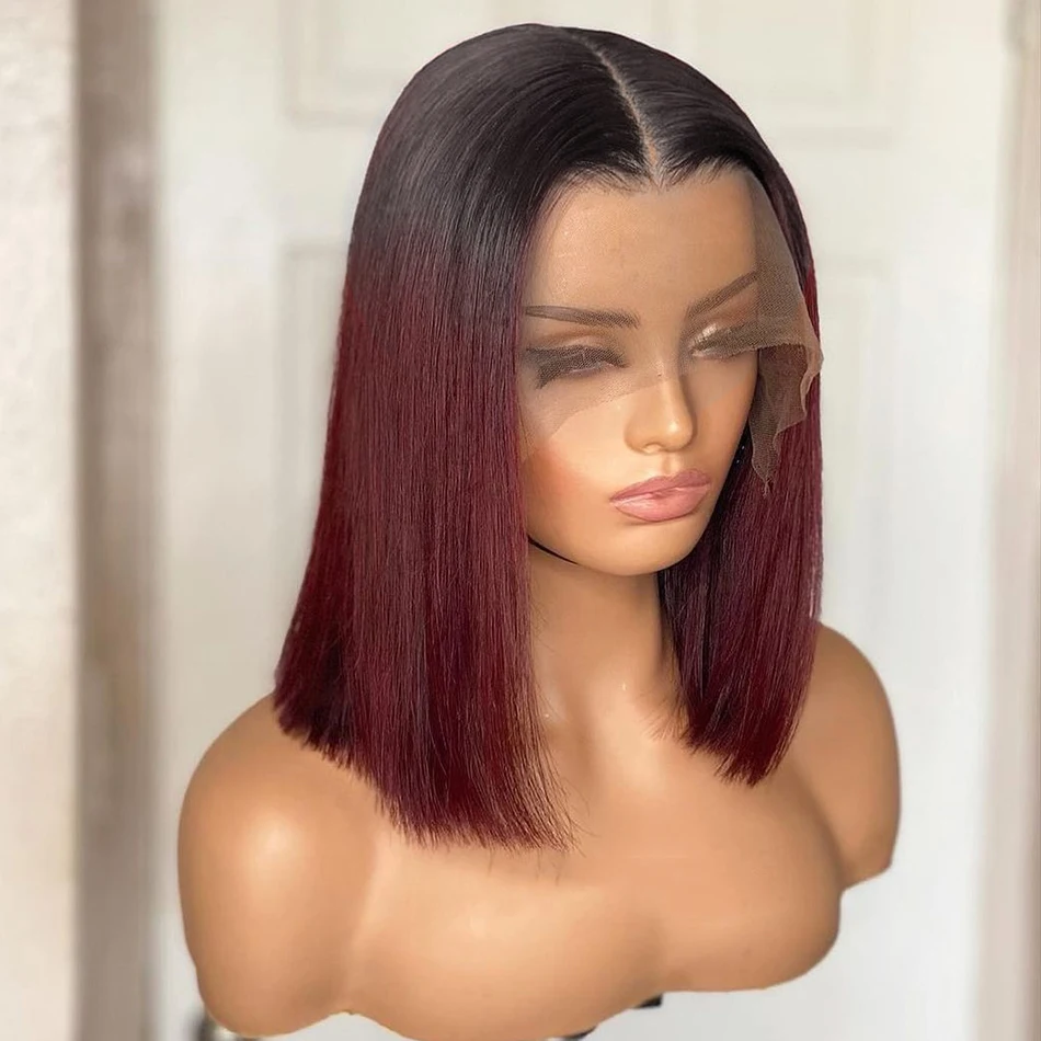 4x4x1 Short Bob Lace Front Wig 1B 99J Straight Burgundy Human Hair Wig Brazilian Remy Ombre Wine Red For Women Pre Plucked 180%