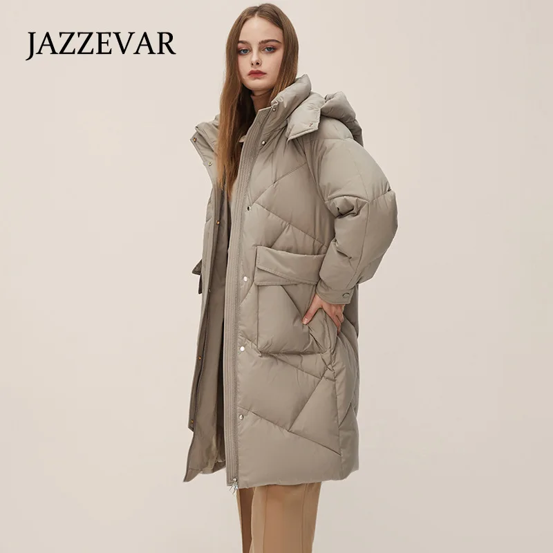 JAZZEVAR 2022 Long Down Jacket Women White Eiderdown Hooded Coat Thickened Warm Loose Profile High-end