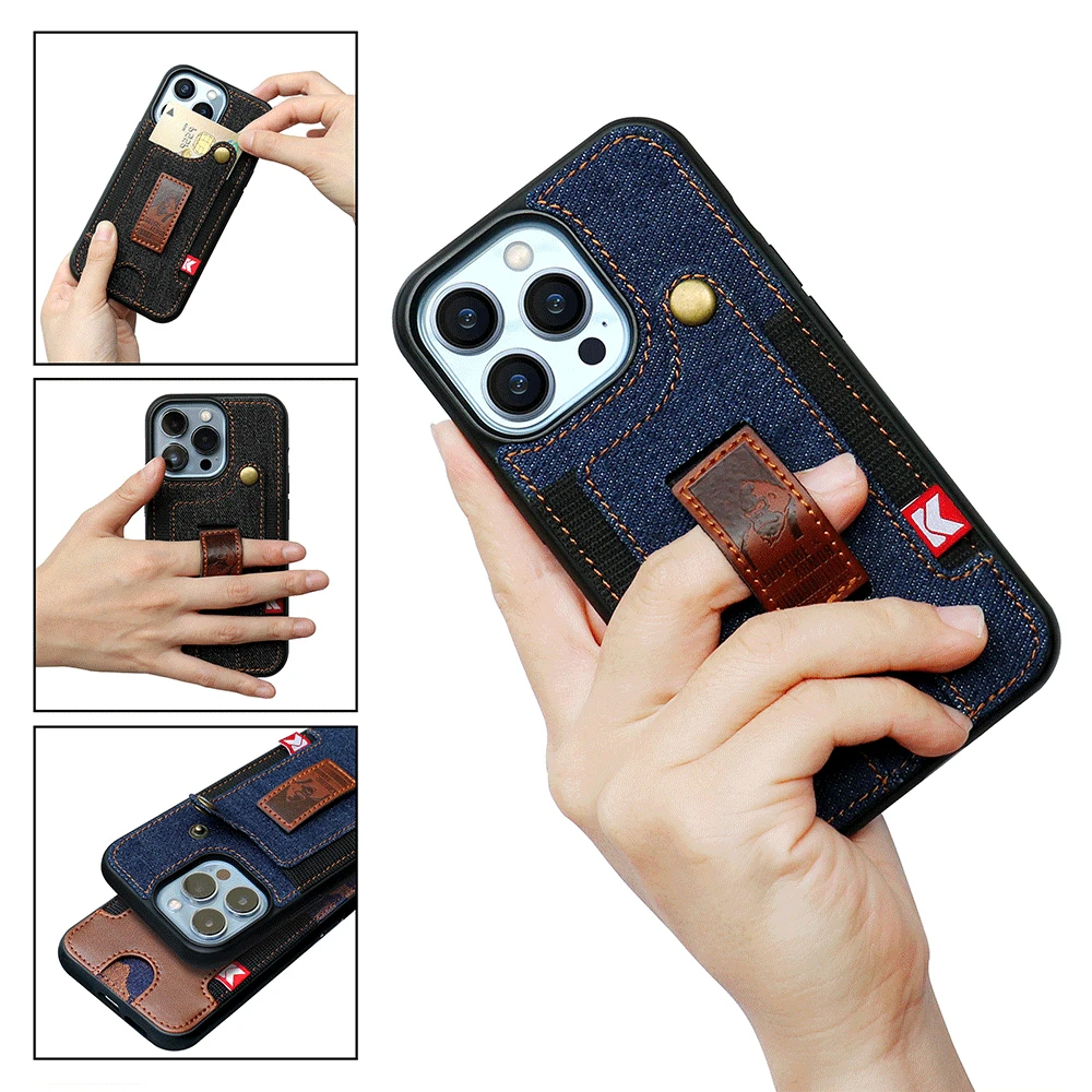 

Card Pocket Wallet Grip Finger Holder Case For iphone 14 Pro Max 13 12 Plus Multifunctional Denim Cloth Grap Elastic Band Cover