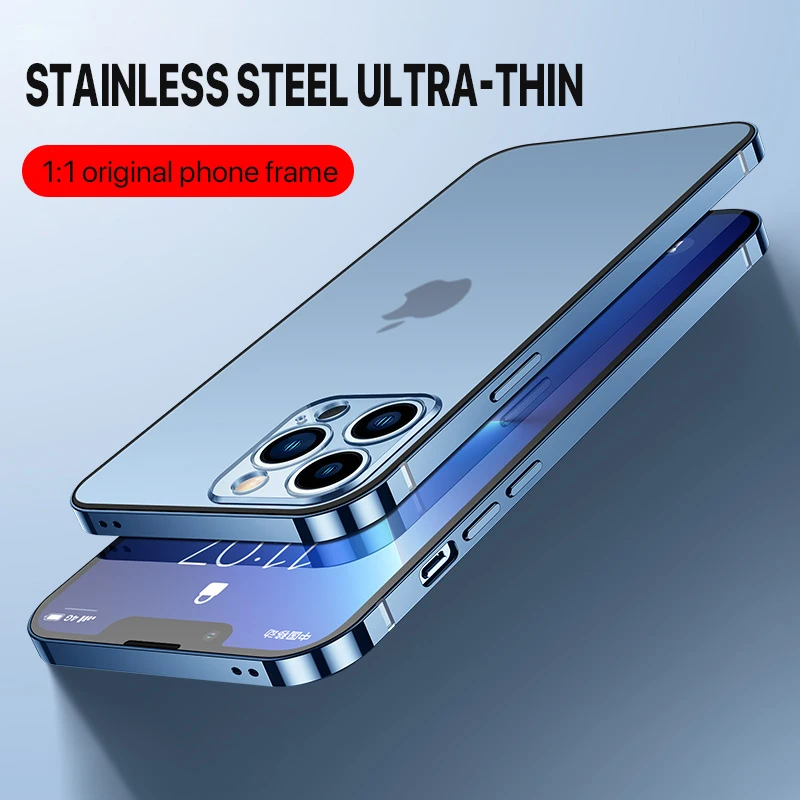 

Роскошный чехол из нержавеющей стали с металлической рамкой для iPhone 13 Pro Max 12, Ультратонкий бампер, прозрачная задняя силиконовая Обложка дл...