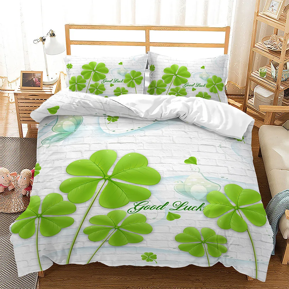 Four-leaf Clover Duvet Cover Set Green Leaves with Good Luck Polyester Comforter Cover for Kids Boy Girl Bedding Set King Size