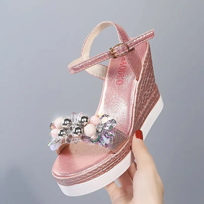 

2022 Female Fashion Flower Open Toe Sandals Dress Silver Sandals Women Rhinestone Wedges Platform Party Shoes Woman size 40