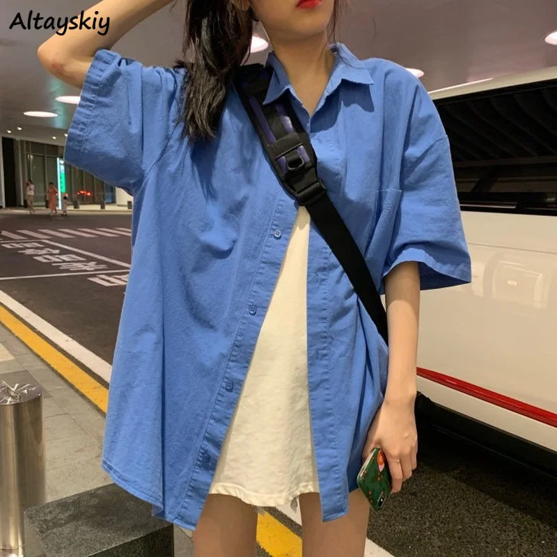 

Women Short Sleeve Shirts Solid Cool Harajuku Students Bf Safari Style Streetwear High Street All-match Leisure Hipsters Blouses