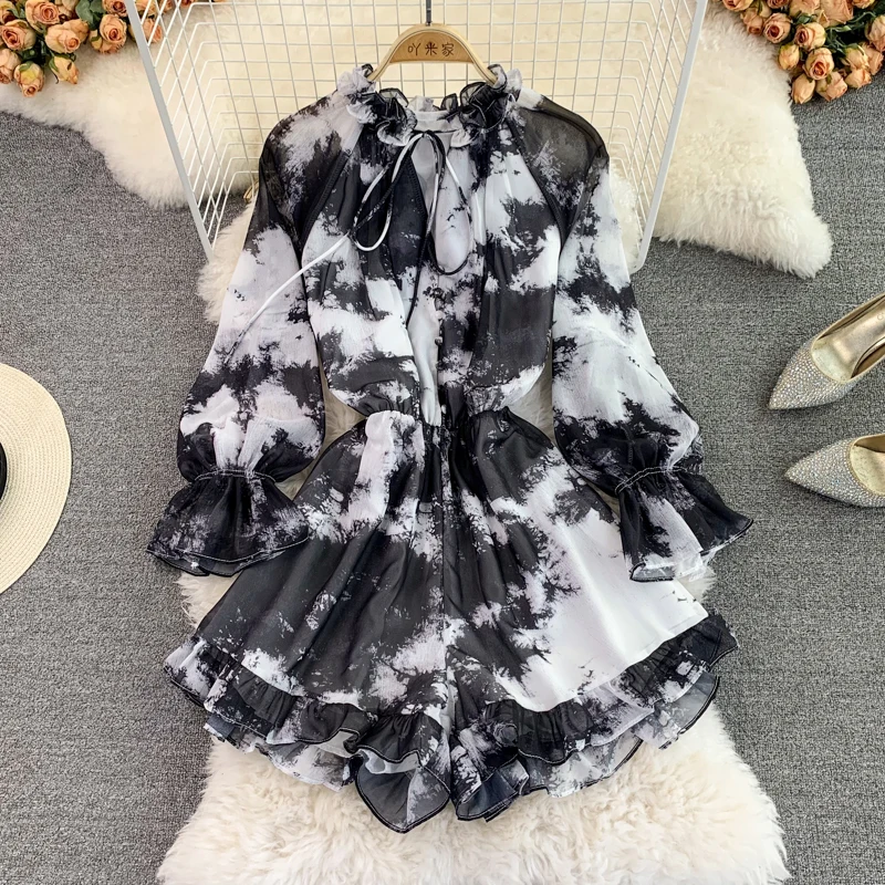 

Printed Loose Women Bodysuits Fashion Tie Dye Shorts Jumpsuits Long Sleeve Bodysuit One Piece Bodies Female Playsuit 2022