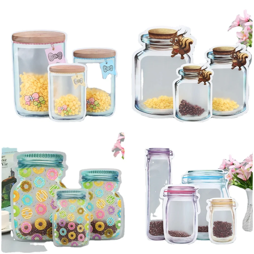 

3pcs Snacks Baking Food Storage Bag Reusable Mason Jar Bottles Bag Waterproof Candy Grocery Cookies Seal Fresh Kitchen Organizer