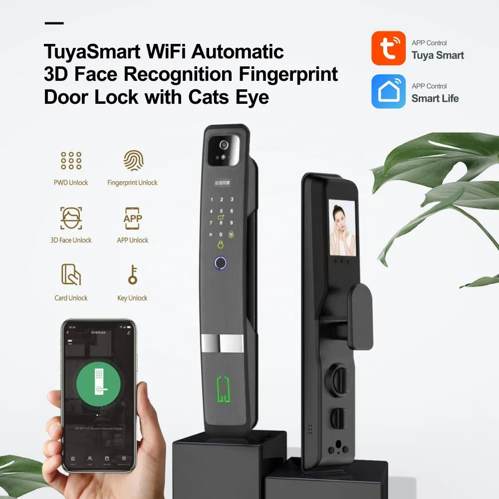 Самый модный дверной замок Tuya WiFi 2024 автоматический 3D-распознавание лиц с камерой