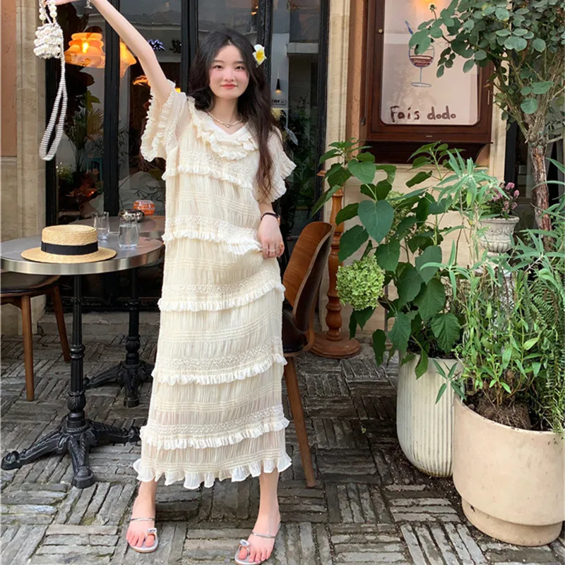 Женская длинная юбка с оборками, элегантная белая Свободная юбка с V-образным вырезом и коротким рукавом, милая Яркая Летняя юбка G432