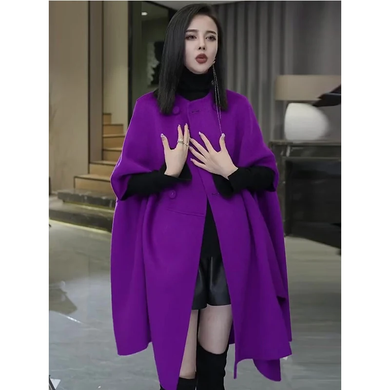 2024 New Popular This Year Double-sided Cashmere coat Small Purple Poncho Woolen Jacket Women Autumn and Winter
