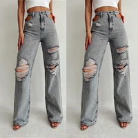 womens 2022 spring and summer new street ins personality hollow belt blue gray washed ripped straight jeans