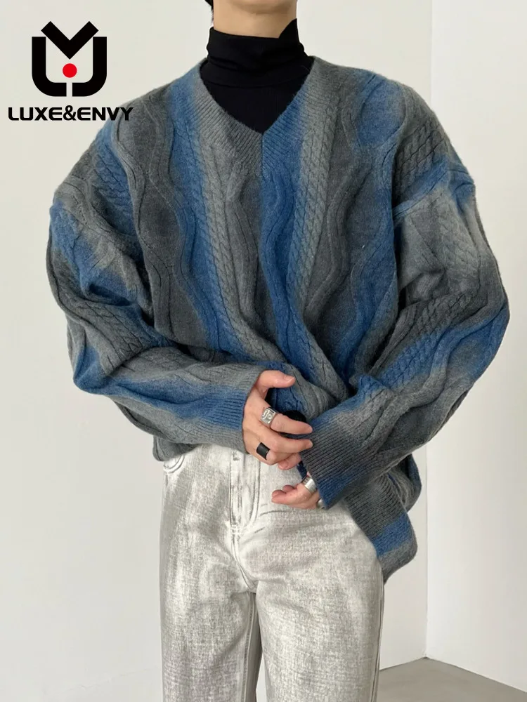 

LUXE&ENVY Korean Version Gradual V-neck Loose Knit Men's Thick Sweater Tie-dye Twist Off Shoulder Profile Lazy Spring 2023 New