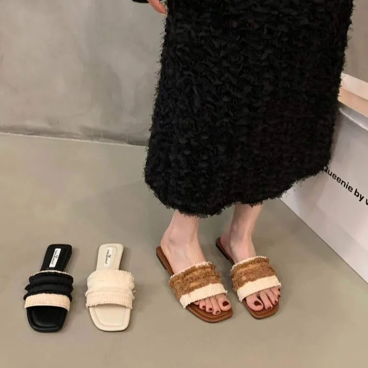 

Slippers Women Flip Flops New In 2023 Shallow Black Casual Summer Weave Slides Female Shoes Ladies Outside Square Toe Flats