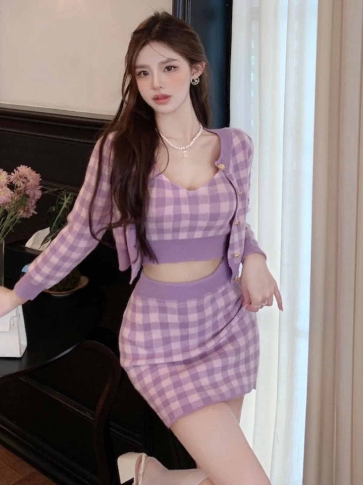 Трикотажное клетчатое платье Pure Desire Sle женский дизайн чувственный маленький